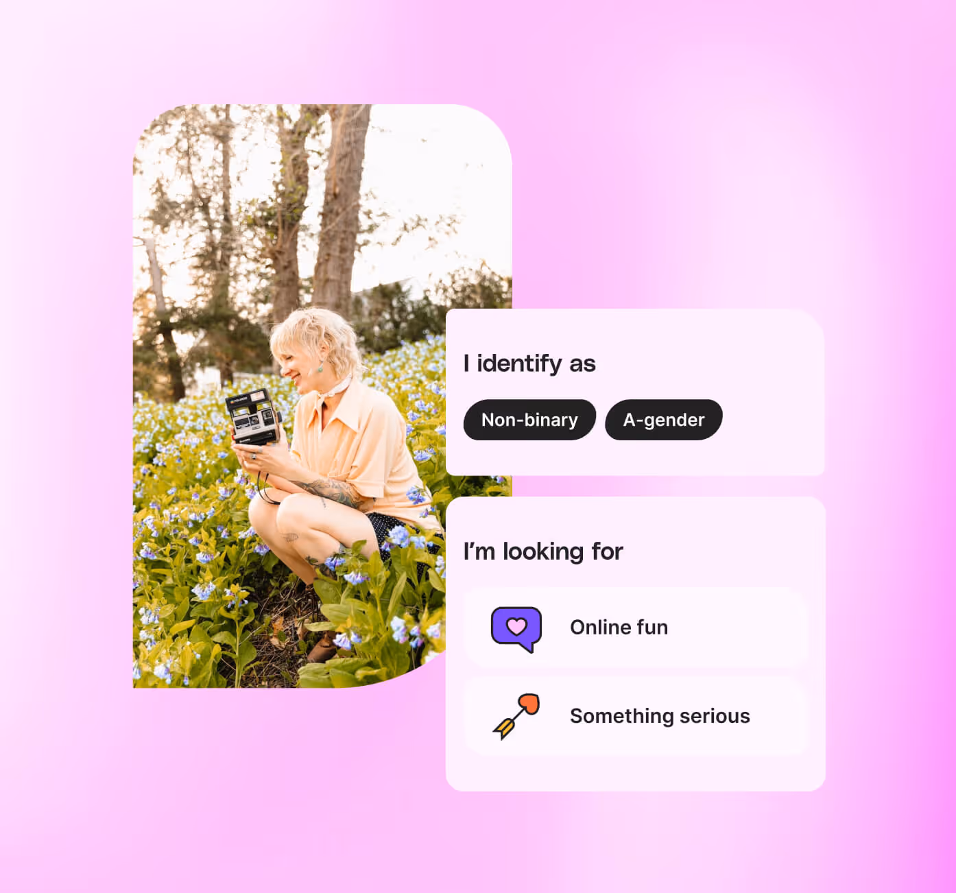 HUD user interface elements showing gender inclusivity tags non-binary and a-gender, and showing the "I'm looking for" profile feature. 
