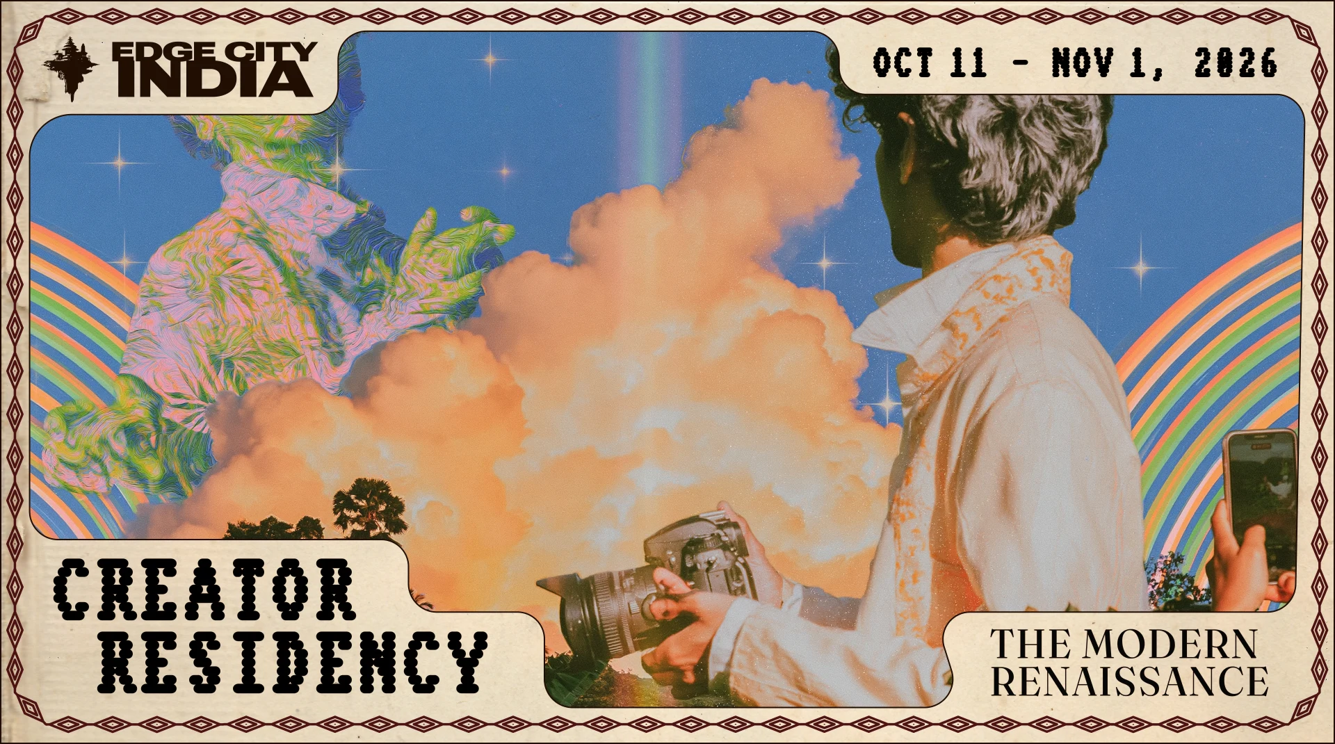 Edge City India Creator Residency artwork with a photographer, blue sky, orange clouds, and The Modern Renaissance title