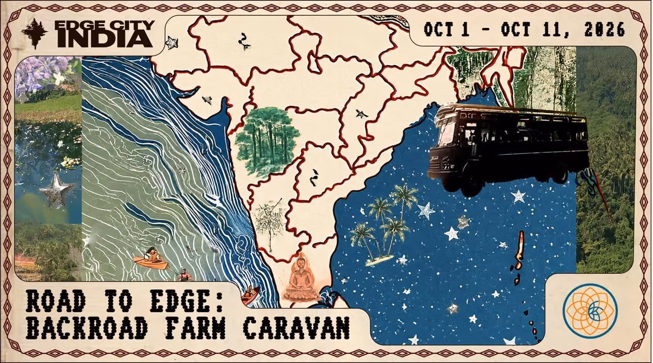 Edge City India Creator Residency artwork featuring cameras, a microphone, creators, and Goa architecture