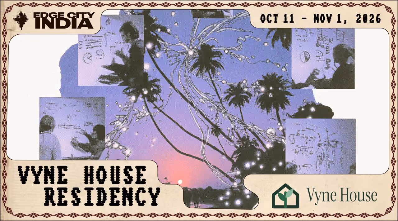 Edge City India Creator Residency artwork featuring cameras, a microphone, creators, and Goa architecture