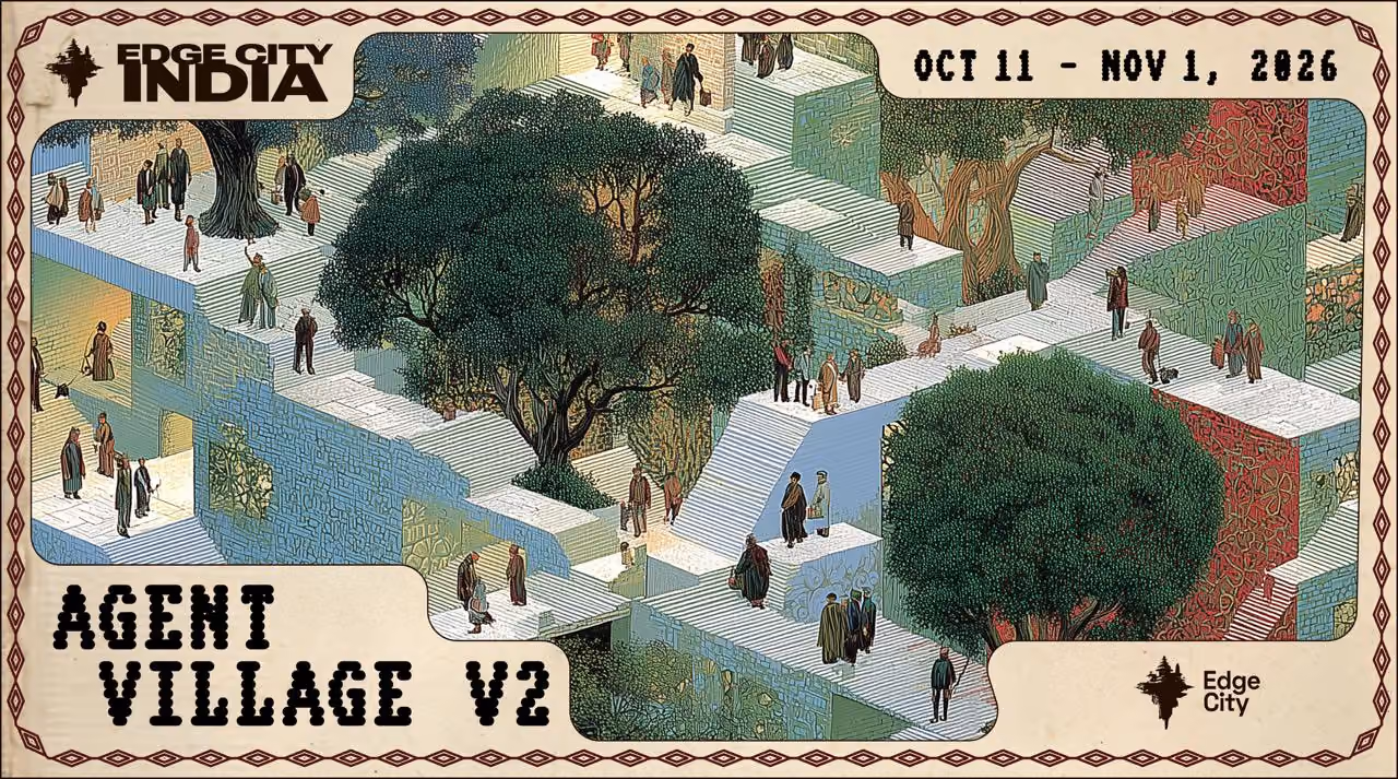 Edge City India Creator Residency artwork featuring cameras, a microphone, creators, and Goa architecture