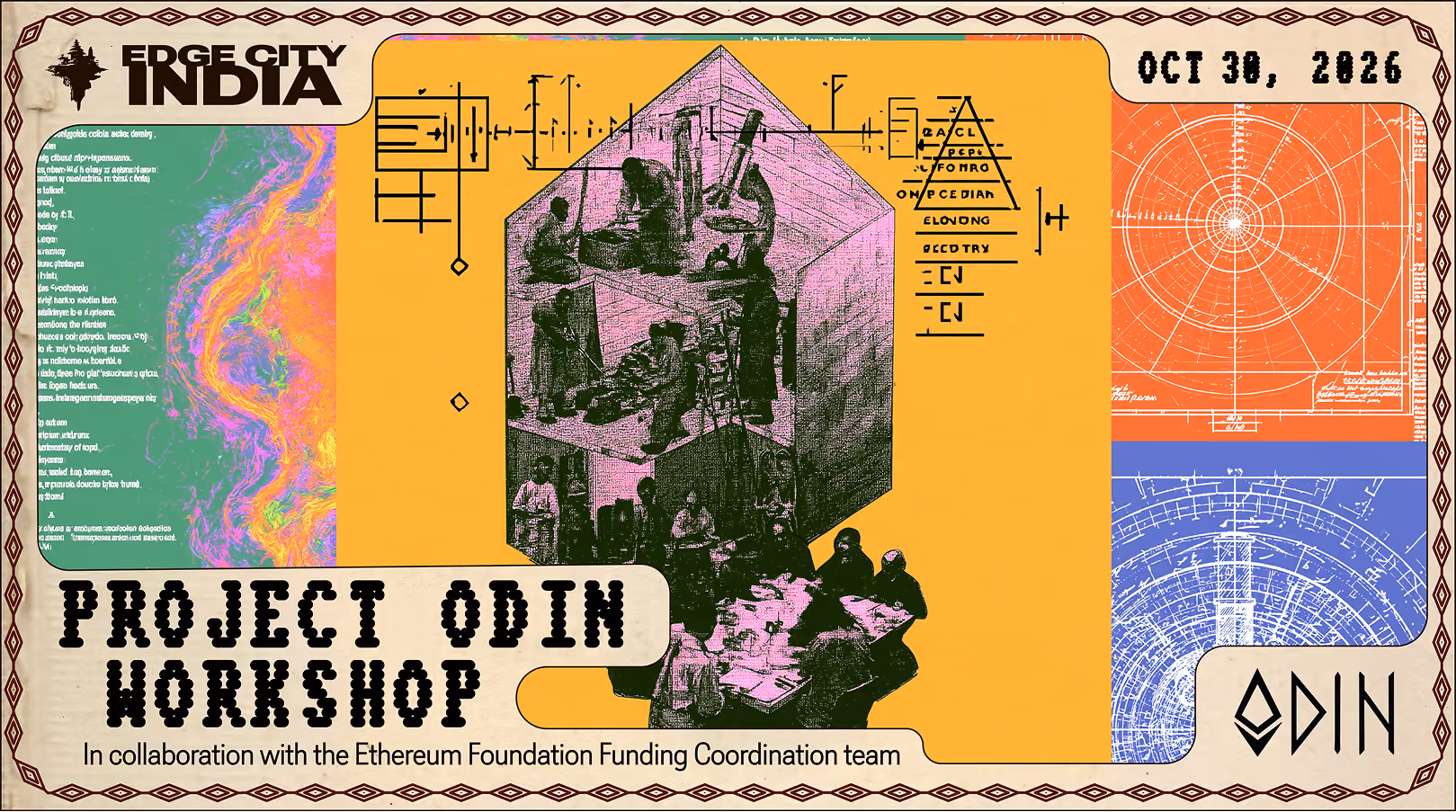 Edge City India Creator Residency artwork featuring cameras, a microphone, creators, and Goa architecture