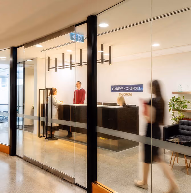 The reception desk at Carew Counsel’s Melbourne office, where you can meet our child support lawyers.