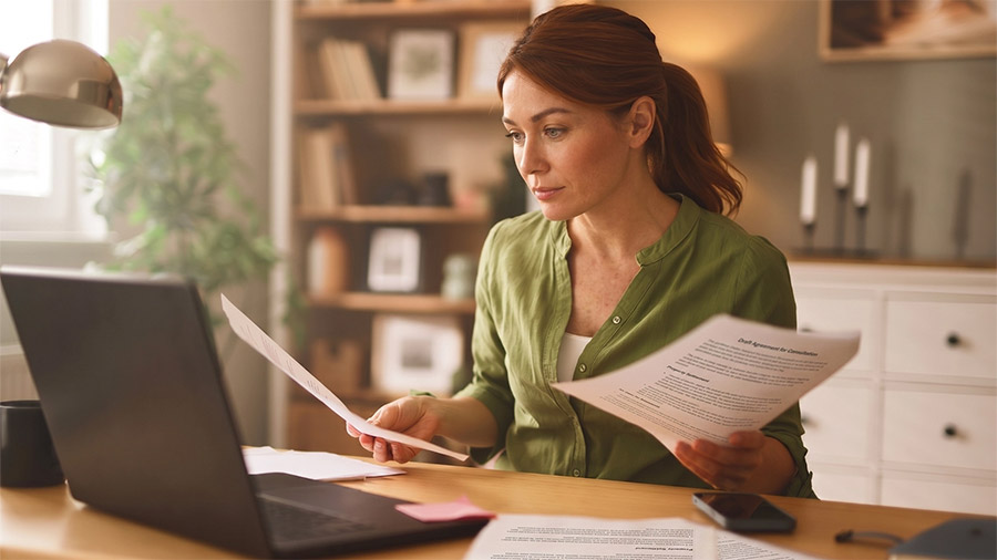 Person reviewing superannuation and property settlement documents before a legal consultation.