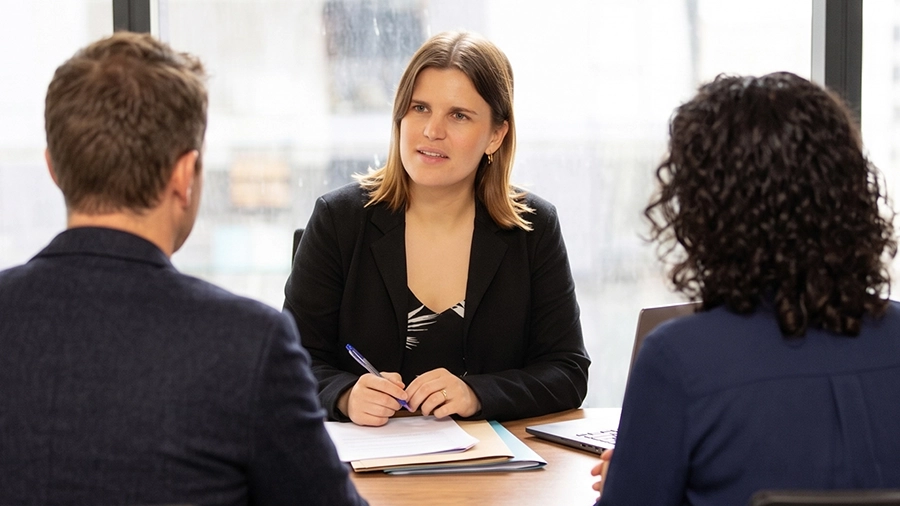Family lawyer providing advice about superannuation and property settlement in a professional office.