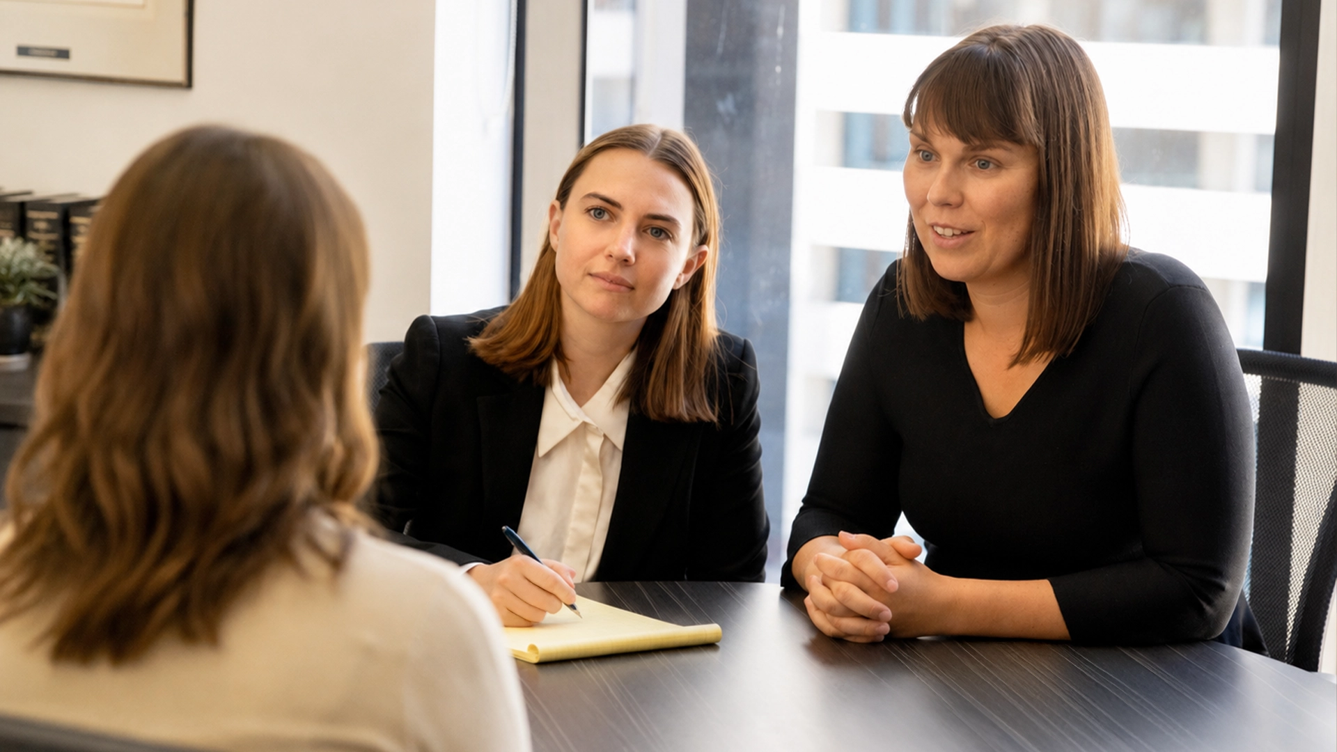 Client speaking with family lawyers in a professional office setting.
