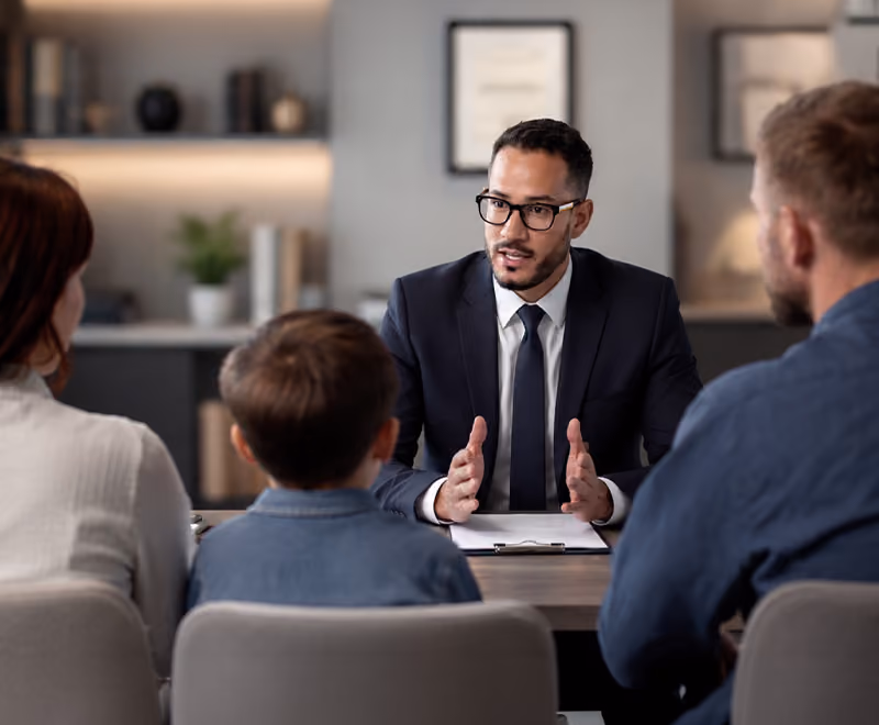 Separated parents discussing parenting arrangements with a family lawyer in Australia.