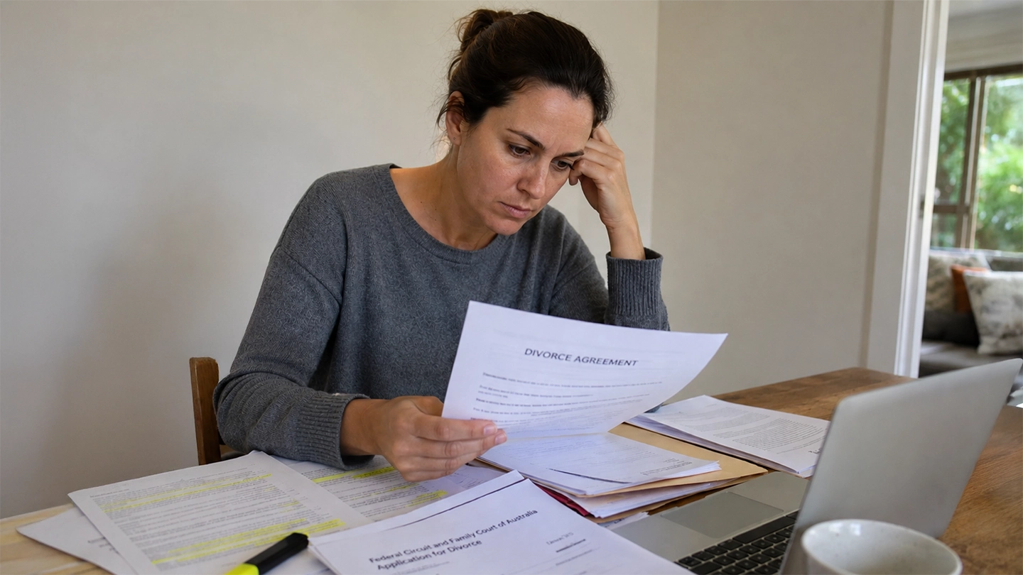 Person reviewing divorce documents and court paperwork at home.