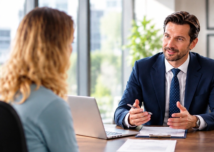 Person speaking with a family lawyer about separation and legal advice.