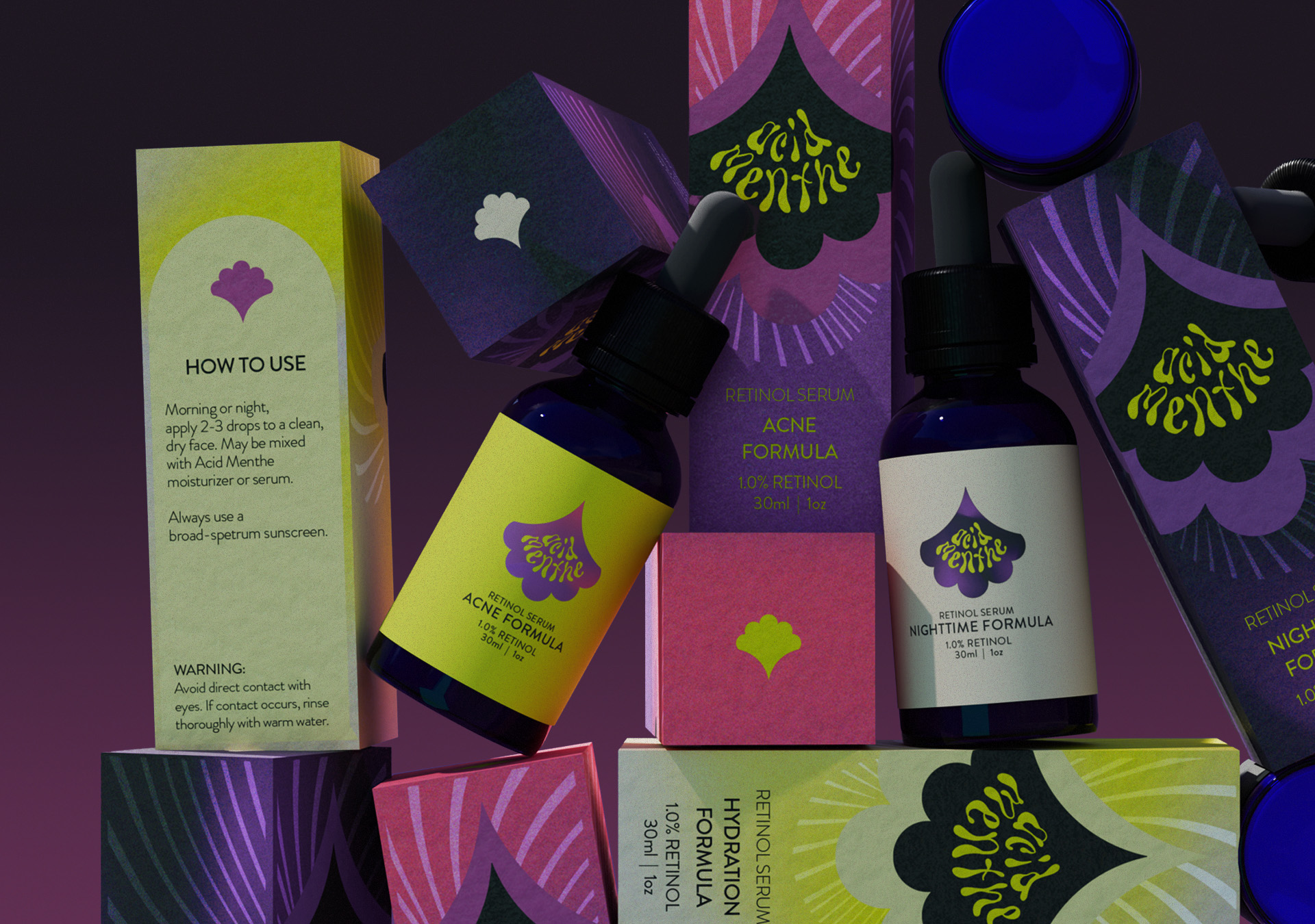 jumble of acid menthe boston round serum containers and boxes stacked together in low lighting on purple background