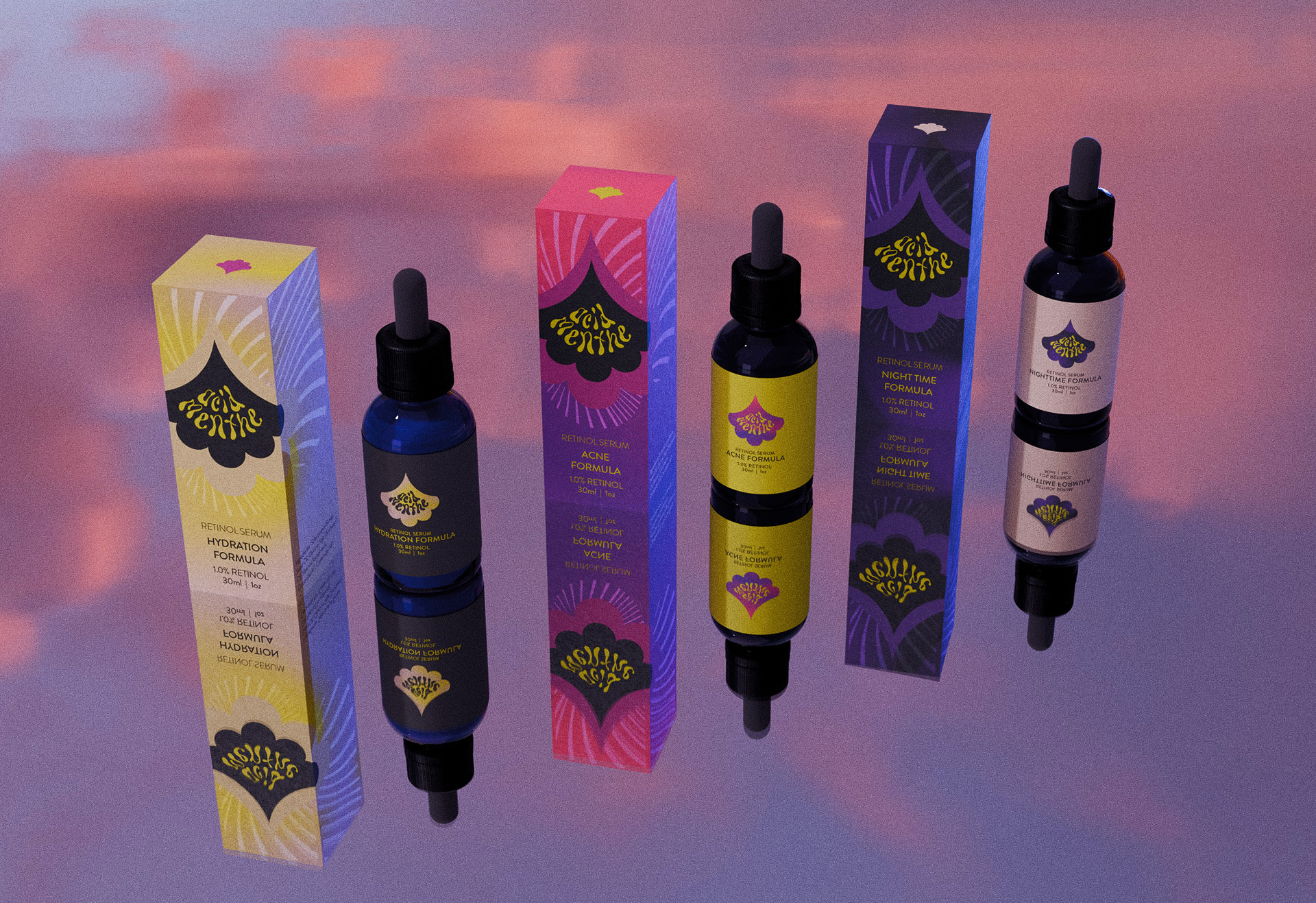 3 groups of box and serum pairs featuring all products in acid menthe 