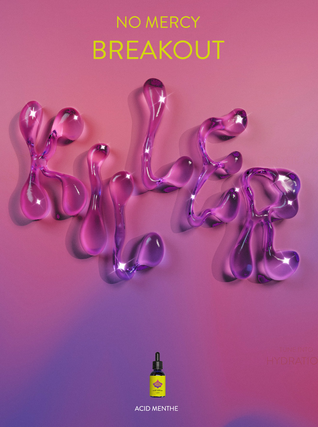 White text reading 'Breakout Killer, Glow on, love your skin, retinol serum, acidmenthe.com, all natural' on a purple gradient background.