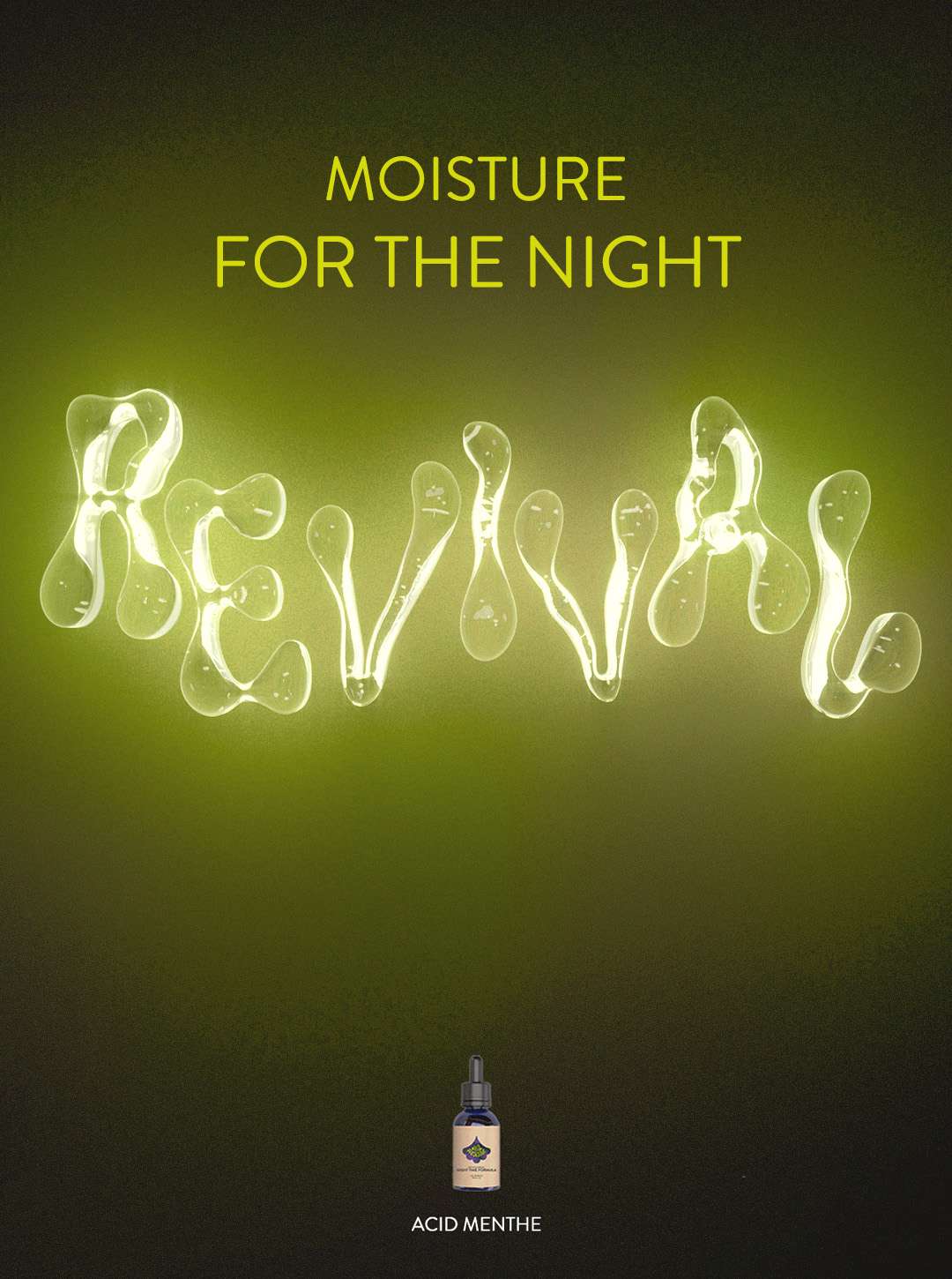 black text reading 'night revival, Glow on, love your skin, retinol serum, acidmenthe.com, all natural' on a chartreuse and white gradient background
