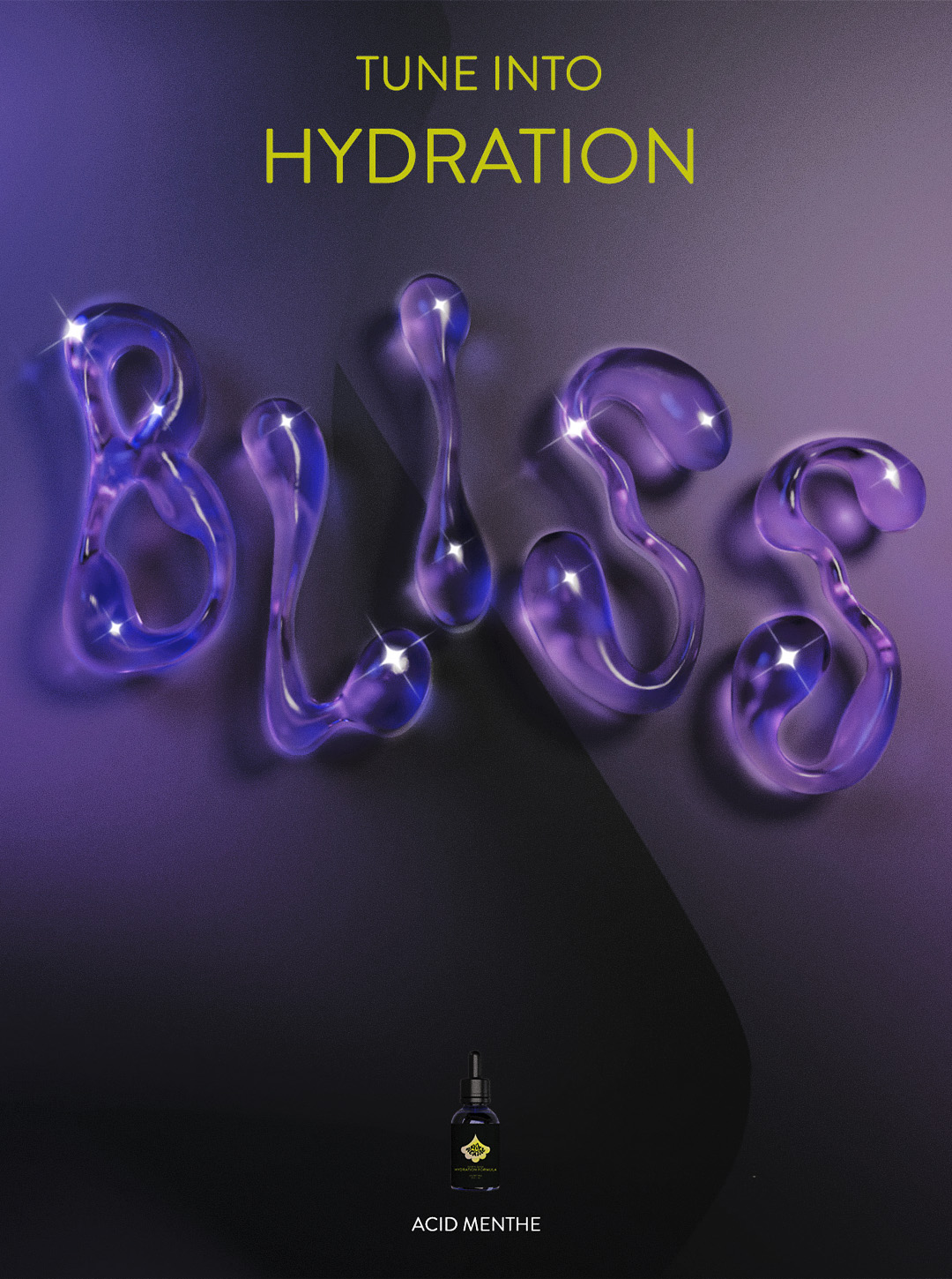 chartreuse text reading  'hydration bliss, Glow on, love your skin, retinol serum, acidmenthe.com, all natural' on a purple gradient background.