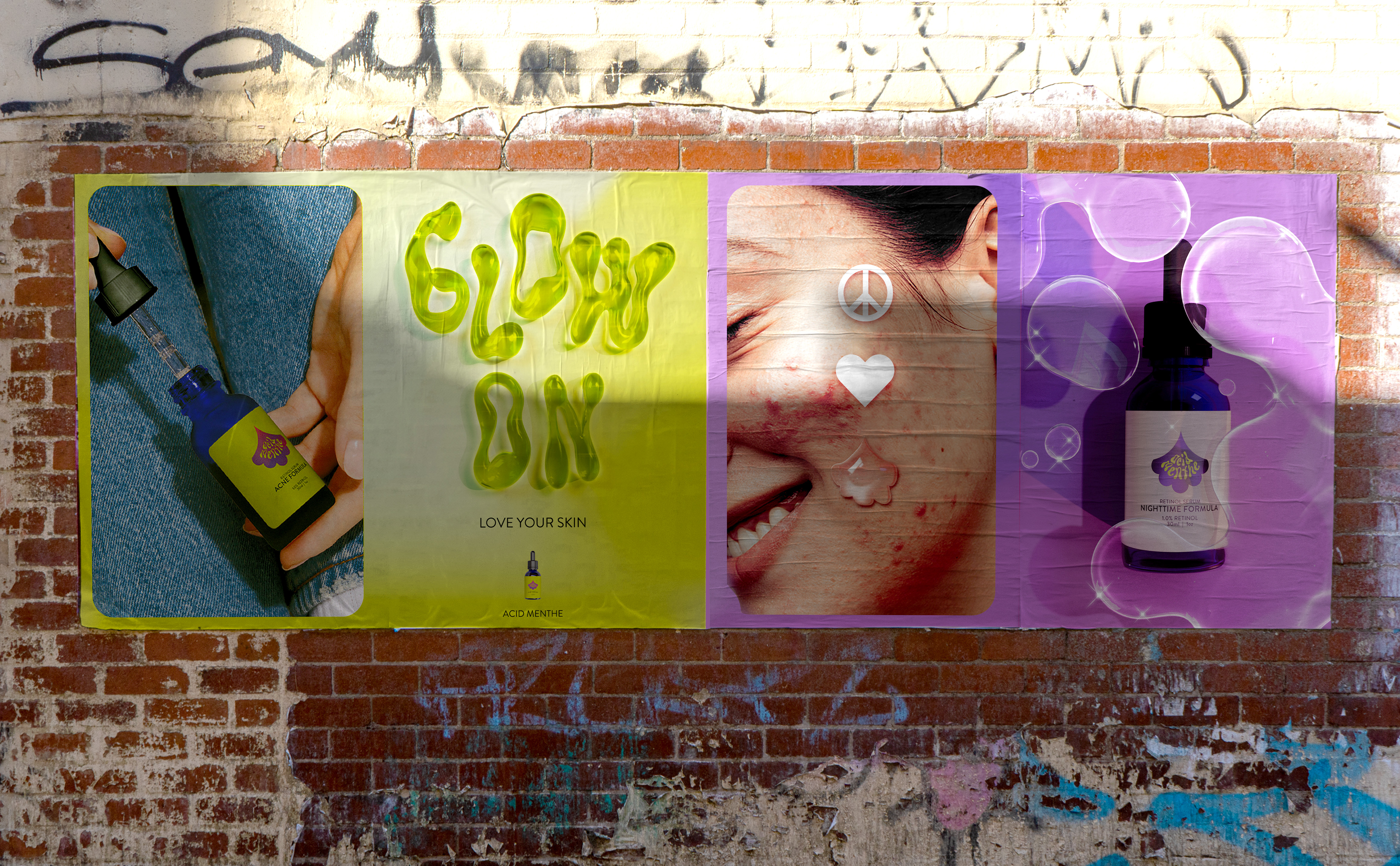 Mockup of 4 posters outdoors on a graffiti covered brick wall. From left to right: a hand holding Acid Menthe serum, black text on chartreuse that reads 'Glow on, love your skin', A girl with bright green hair covering her eye wearing a animal print purple shirt, icons that read 'peace, love, acid menthe' in white over a purple and pink gradient background.