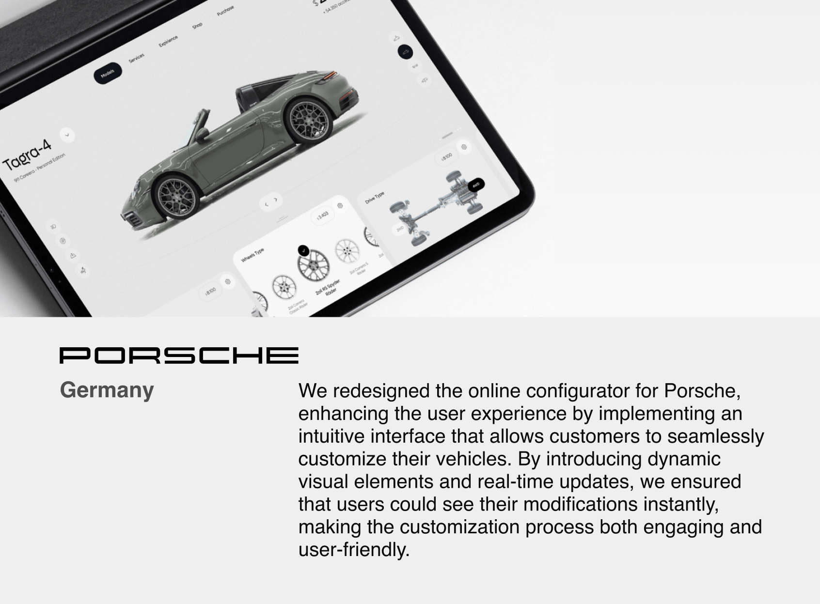 We redesigned the online configurator for Porsche, enhancing the user experience by implementing an intuitive interface