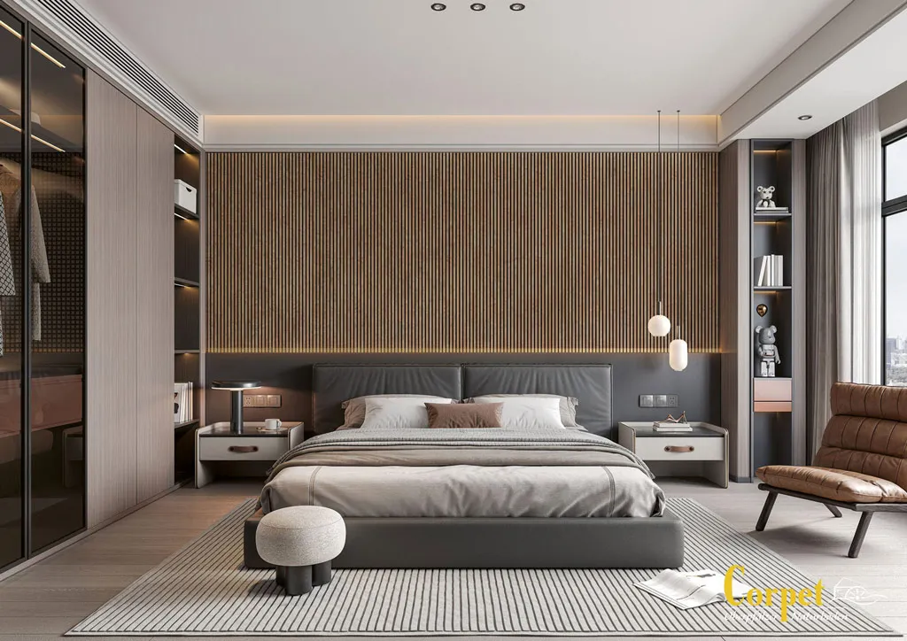 Corpet Akustikpaneele dunkel in Schlafzimmer von Bodenleger Scholl Bamberg