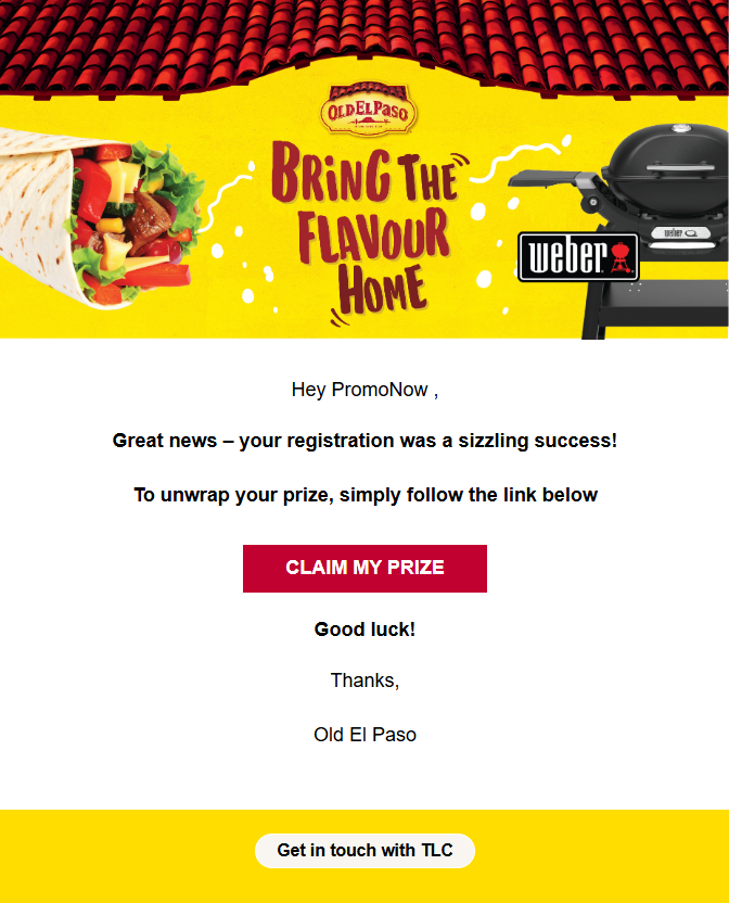 Screenshot of Old El Paso email confirming promotion registration.
