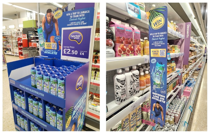 2 photos side-by-side. Both are promotional displays by Vita Coco for their promotion in collaboration with Zharnel Hughes. On left, a FSDU; on right, an aisle fin. The display are blue with promotional copy and uses real photos in the designs.