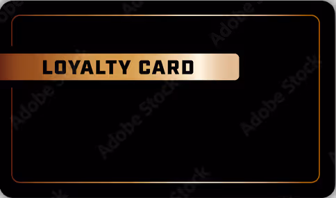 Black loyalty card with a horizontal gold gradient stripe displaying the text 'LOYALTY CARD' in bold uppercase letters.