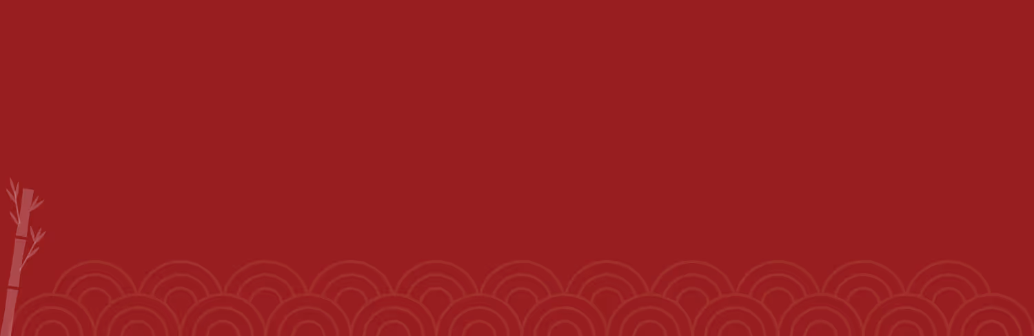Red background with a subtle pattern of overlapping rainbow arches near the bottom and a stylized bamboo stalk on the left.