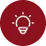 White light bulb icon with three rays on a dark red circular background.