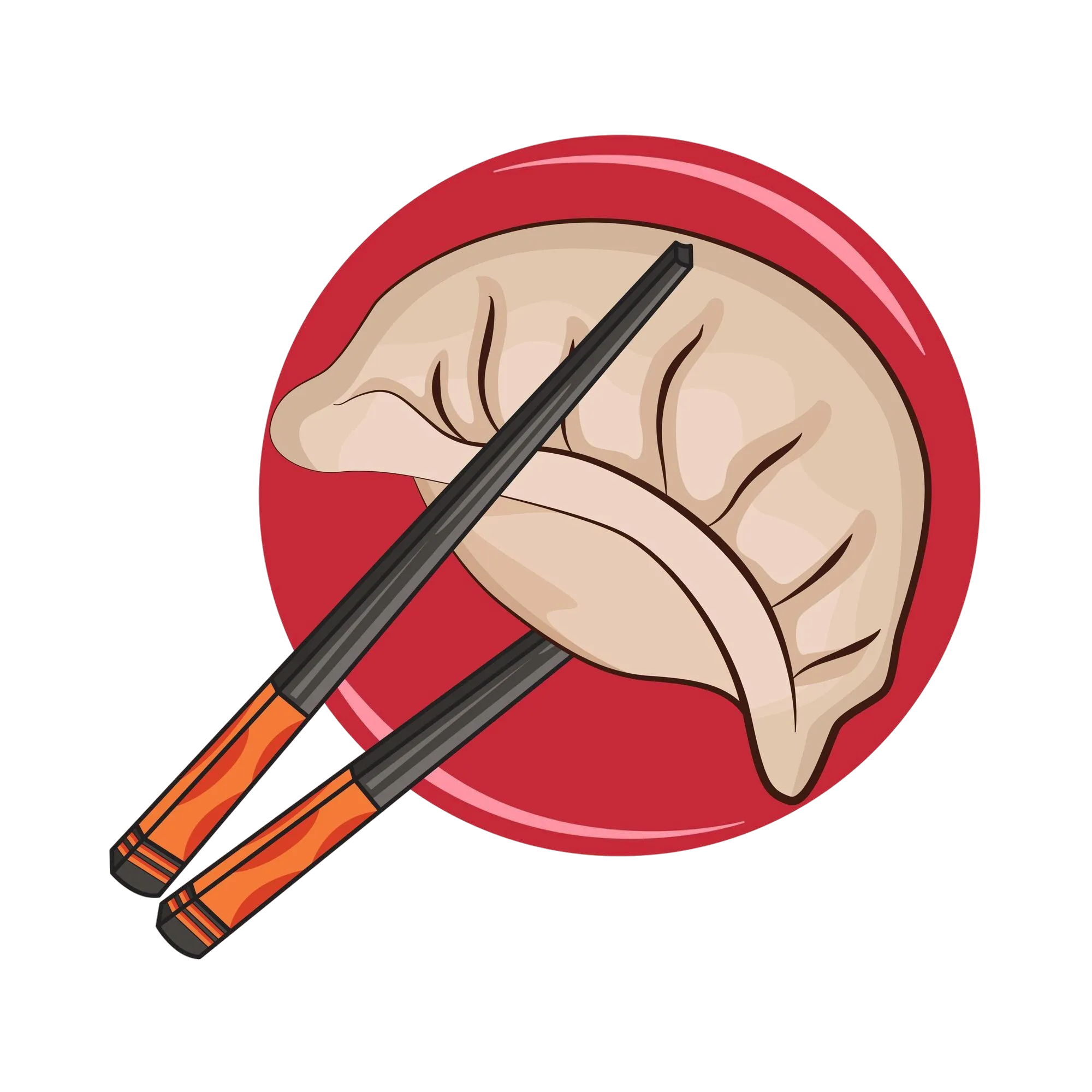 Illustration of a dumpling held by black and orange chopsticks over a red plate.