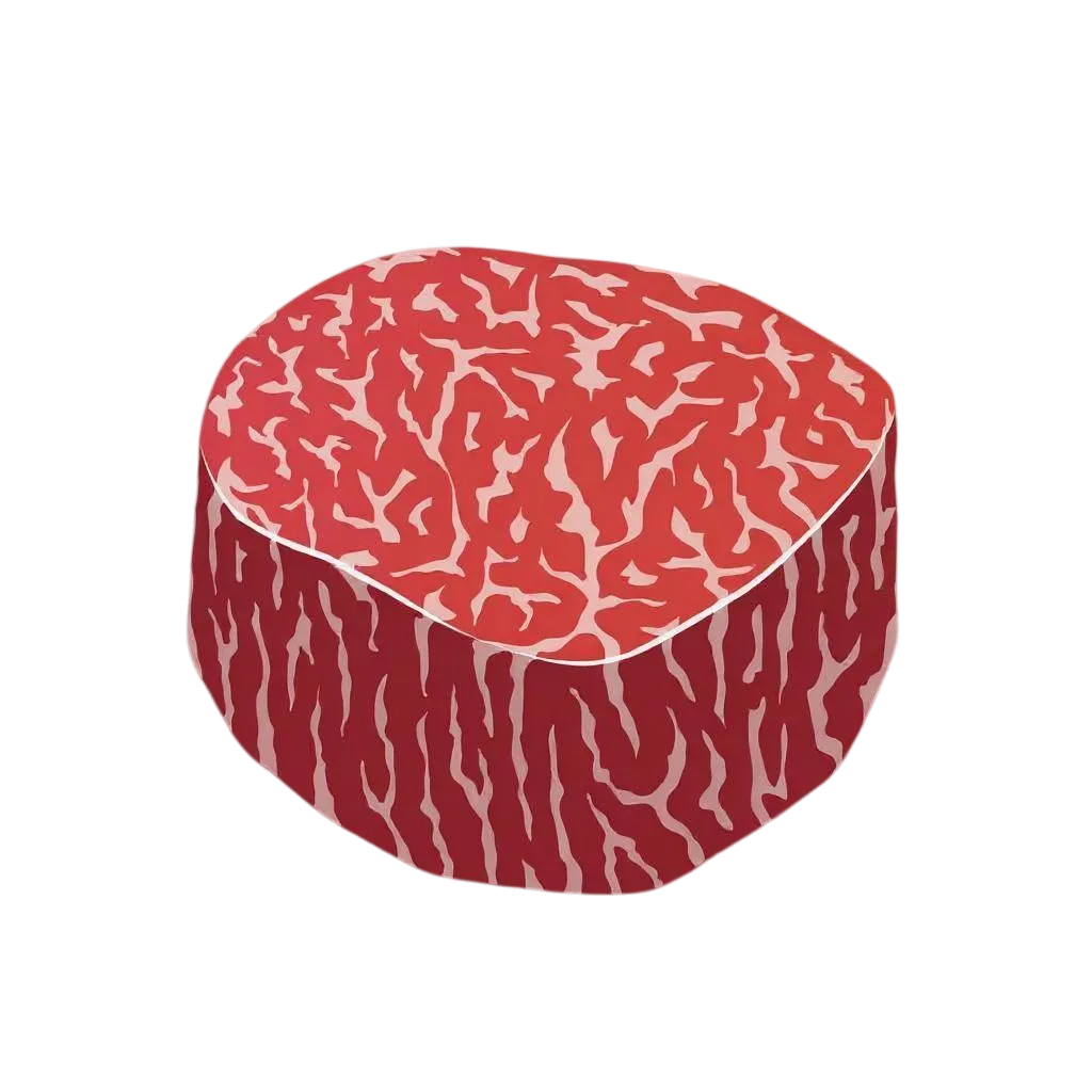 Illustration of a raw, marbled beef steak with red meat and white fat patterns.