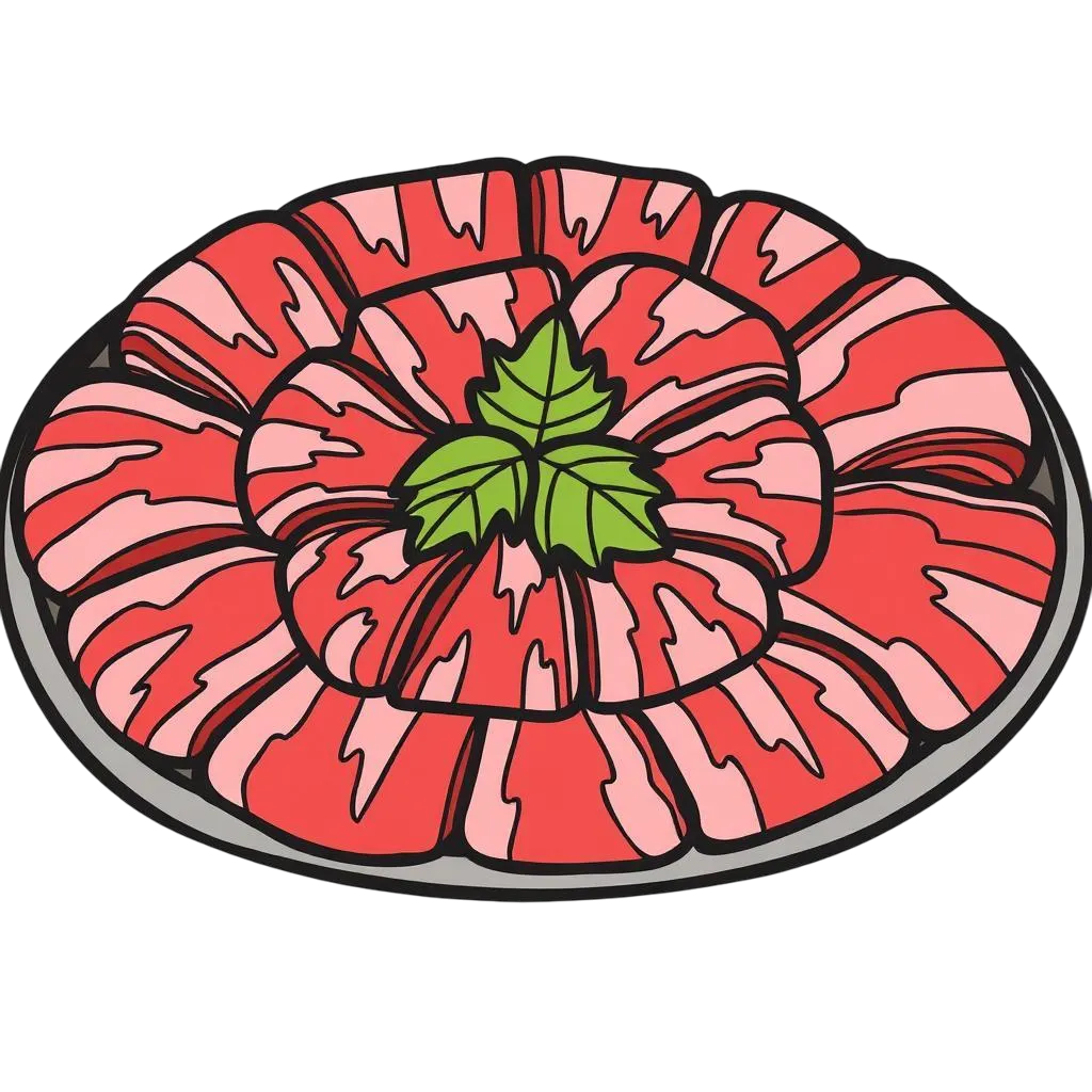 Plate of thinly sliced red meat arranged in circular layers with green leaves in the center.