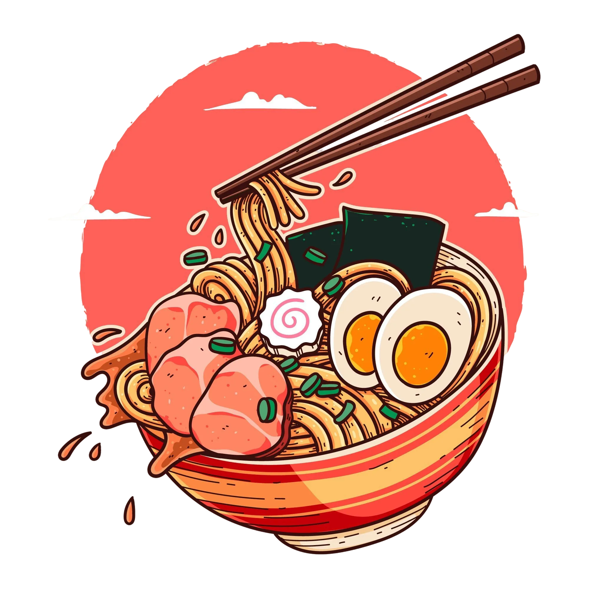 Hand-drawn illustration of a ramen bowl with noodles, sliced boiled eggs, meat, seaweed, and green onions with chopsticks lifting noodles.