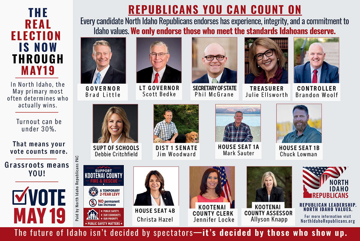 North Idaho Republican candidates endorsed in 2026 primary election with photos and titles, urging vote by May 19.