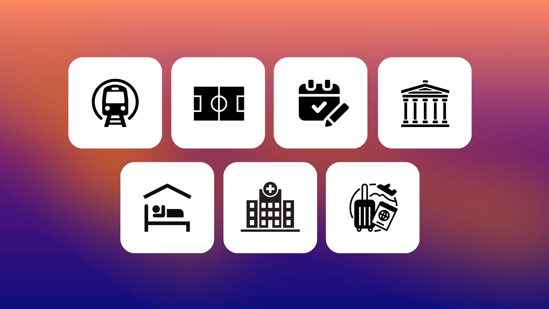 Visuels avec 7 pictogrammes représentant nos différents secteurs : transports en commun - sport - événementiel - culture - hôtel - santé - tourisme