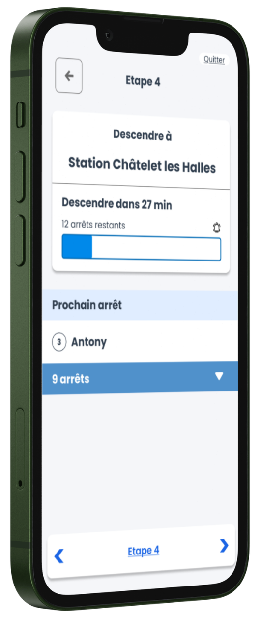 Visuel de l'écran de l'application de l'informations voyageurs lors du suivi du trajet (comptage des arrêts)