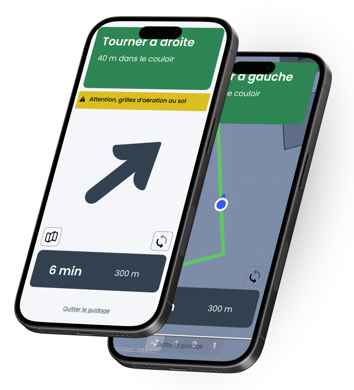 Deux screens écran du guidage : un en mode map et un avec la flèche directionnelle