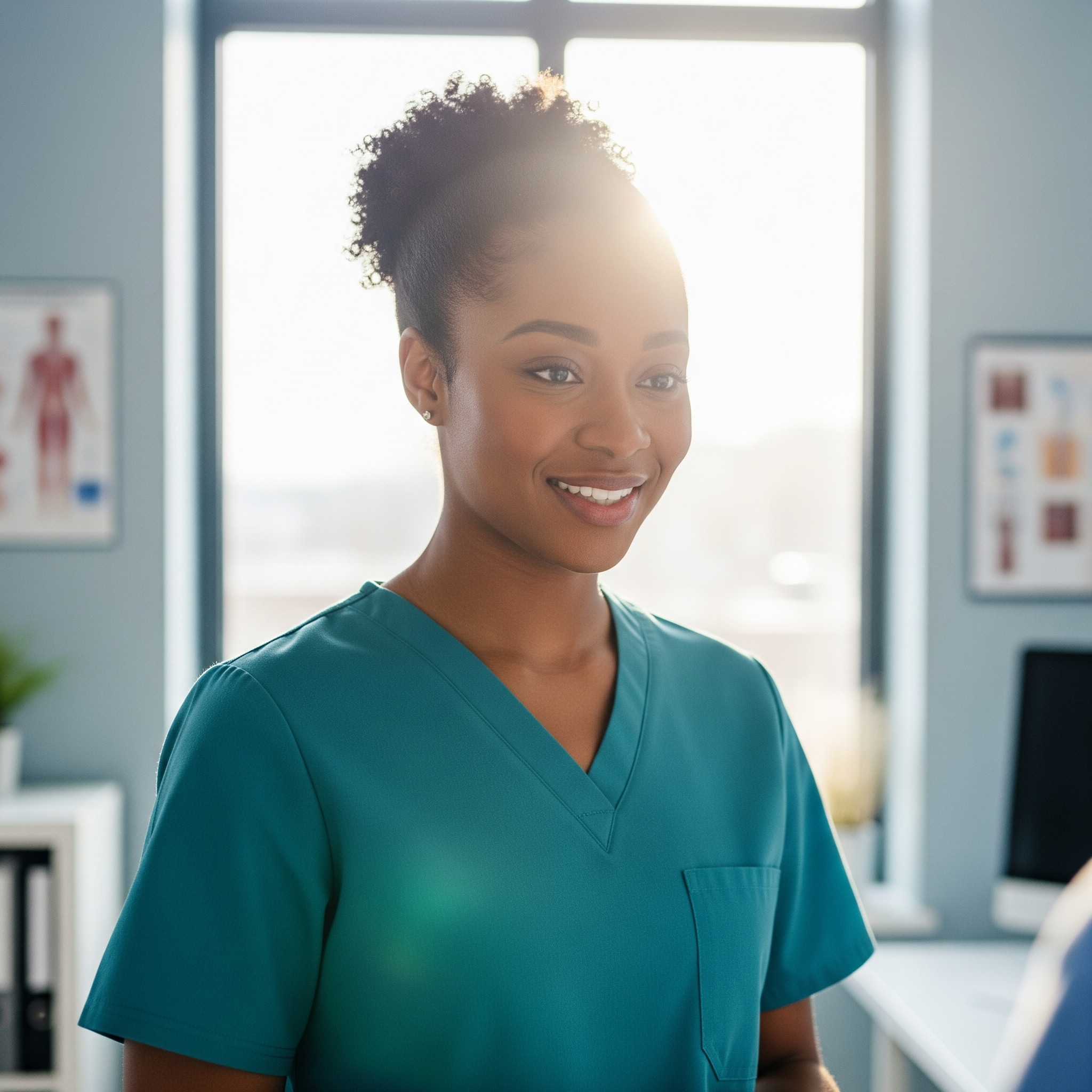 An African-American female medical assistant in turquoise scrubs, is gently smiling in a well lit exam room