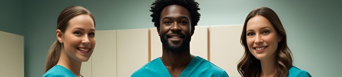 Three smiling healthcare professionals standing together in a medical office, wearing scrubs and uniforms.