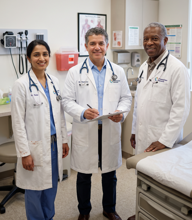 Two smiling doctors wearing white coats and stethoscopes standing together in a medical office.