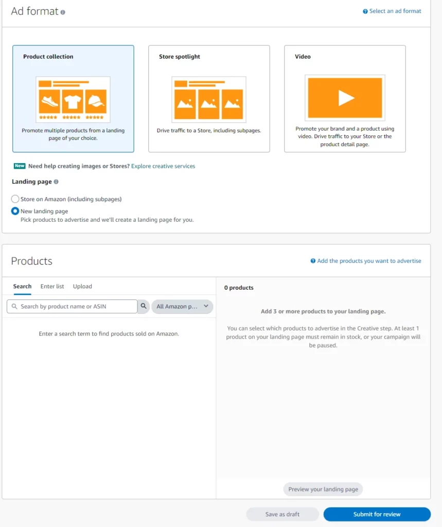 The three ad format choices are presented with a product selection section, with the submit for review button.