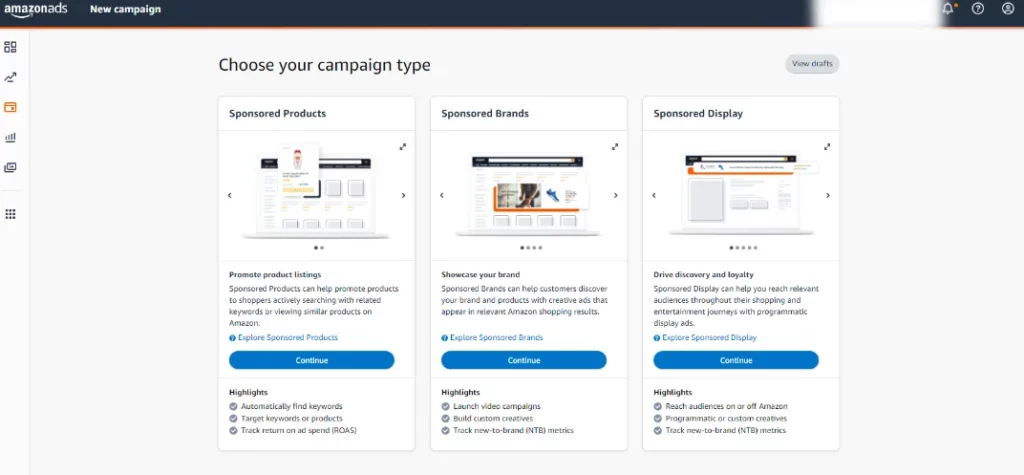 The landing page after clicking create a campaign displays 3 campaign types.