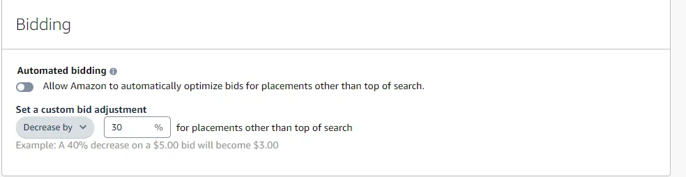 Automated bidding is turned off, displaying a custom bid selection