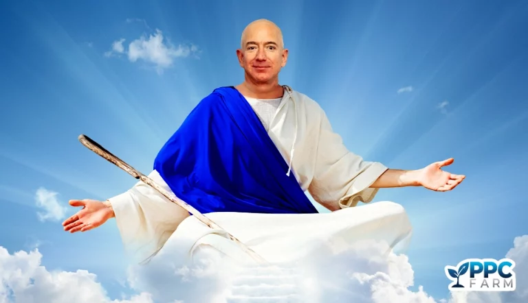 Jeff Bezos floating in the clouds with open arms.