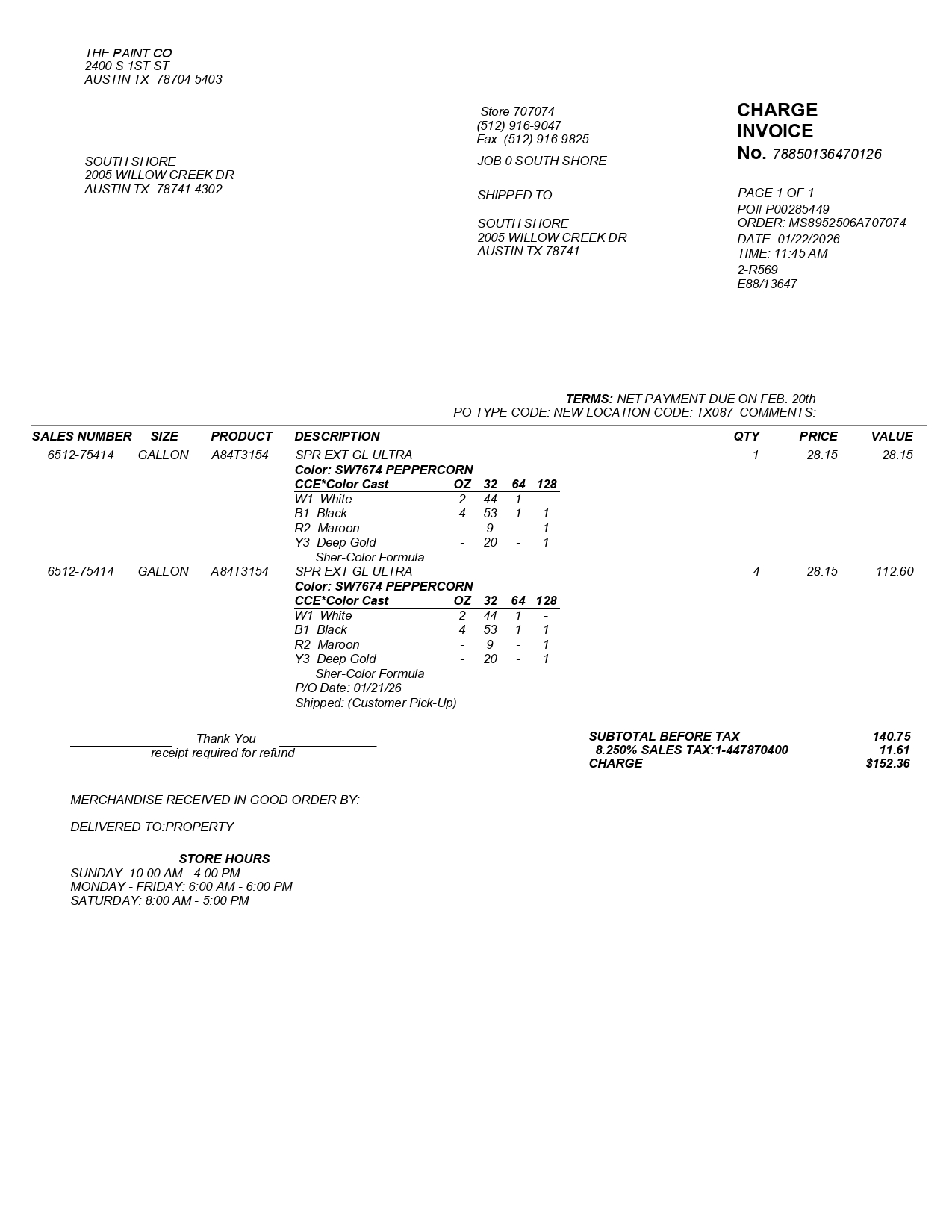 Sherwin Williams Invoice