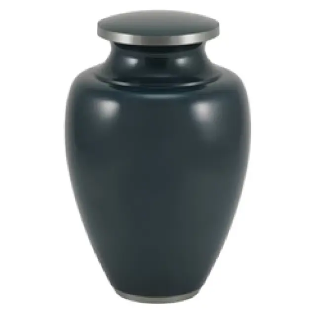 Matte black traditional urn with a rounded lid and silver rim accents.