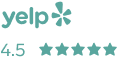 Yelp logo with a 4.5 star rating out of 5 shown by five stars.