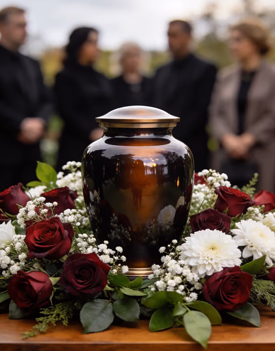 A dark brown urn with a metallic lid is centered on a wooden table adorned with red roses, white flowers, and green leaves, with four blurred people dressed in black and gray standing in the background.