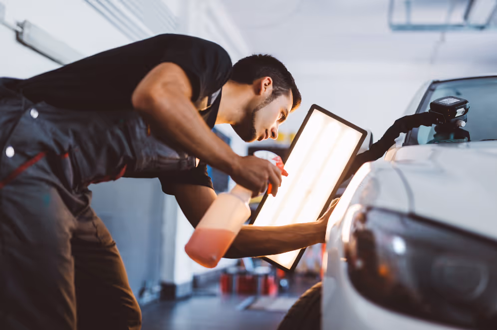 Un technicien inspecte minutieusement la carrosserie d'une voiture blanche à l'aide d'une lumière spéciale et d'un spray nettoyant.