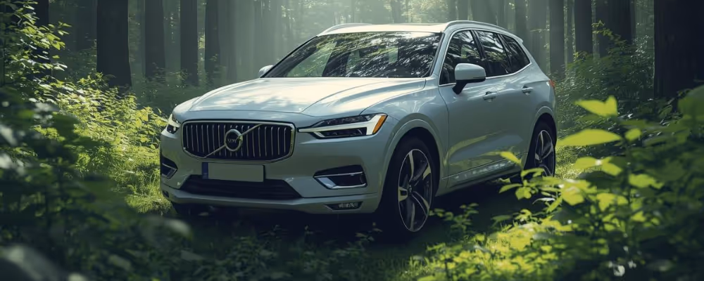 SUV Volvo blanc garé dans une forêt verdoyante avec la lumière du soleil filtrant à travers les arbres.