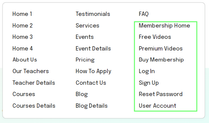 membership Pages sreen Submenu