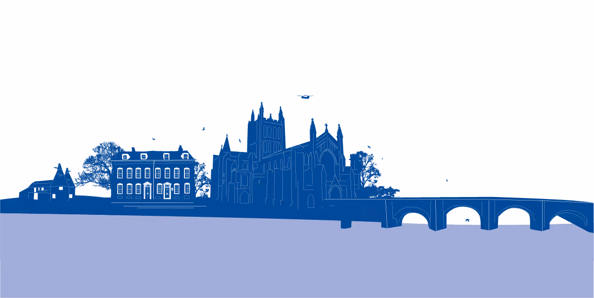 A blue and white picture of a city with a bridge