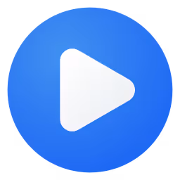 A blue play button with a white arrow